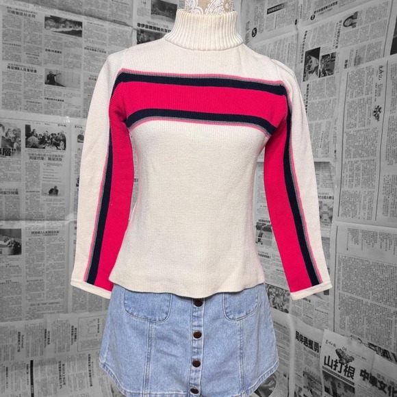 Liz Claiborne Petite Retro Striped Turtleneck Sweater Cream Red Navy Cotton - Picture 1 of 5